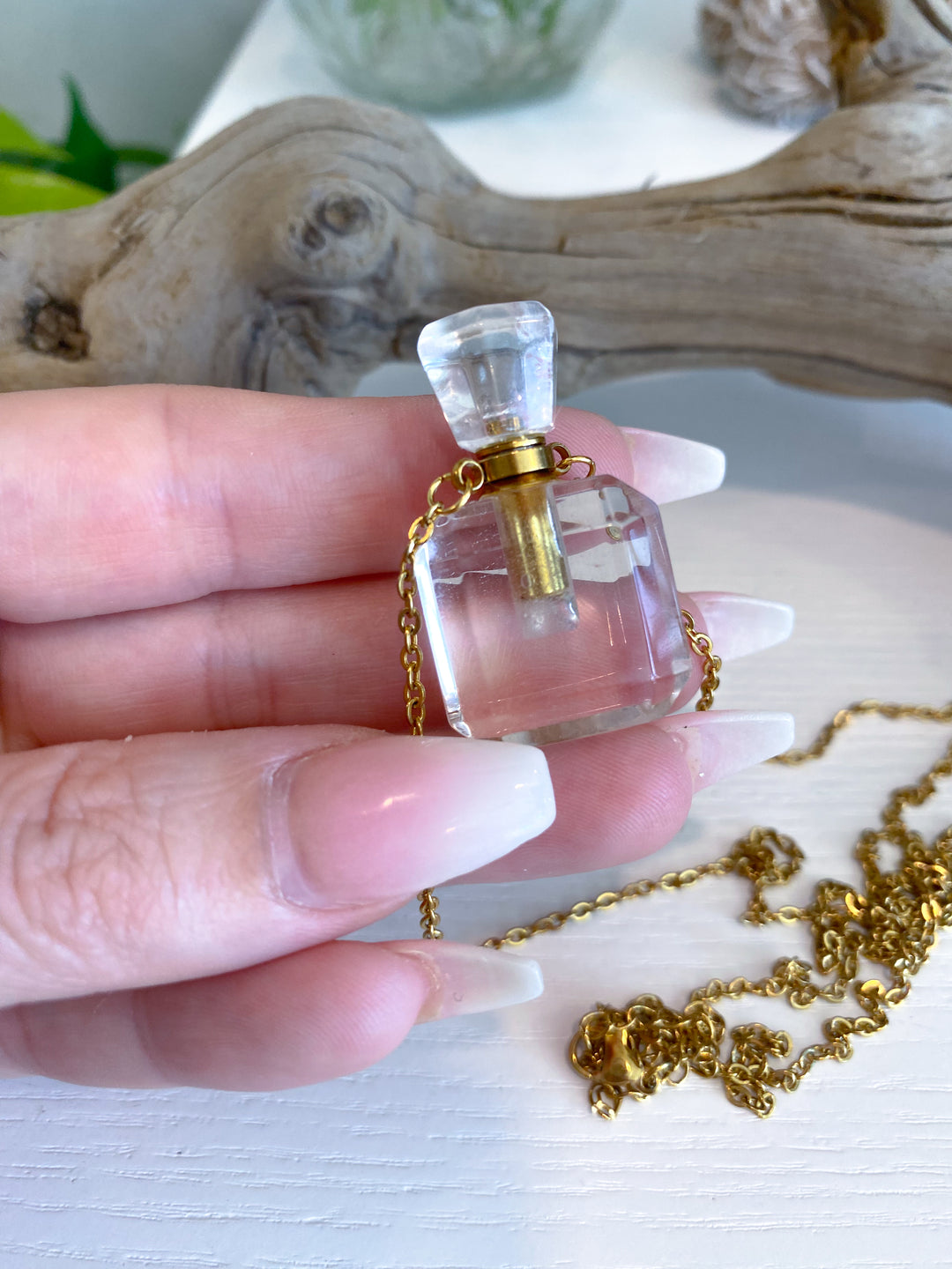 Clear Quartz Perfume Bottle Necklace - Essential Oil Holder