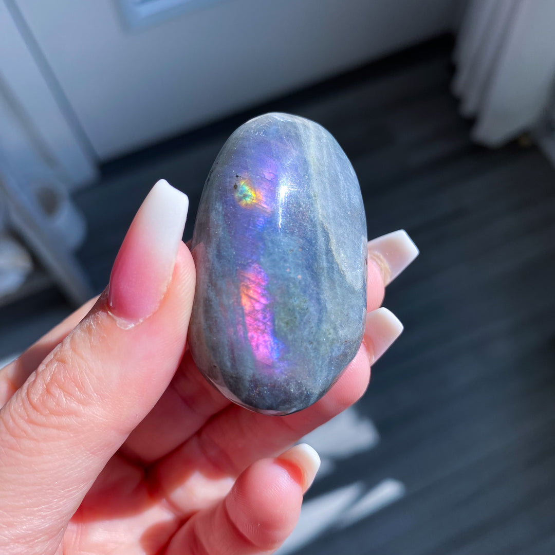 Flashy Pink Sunset Labradorite Palm Stone 