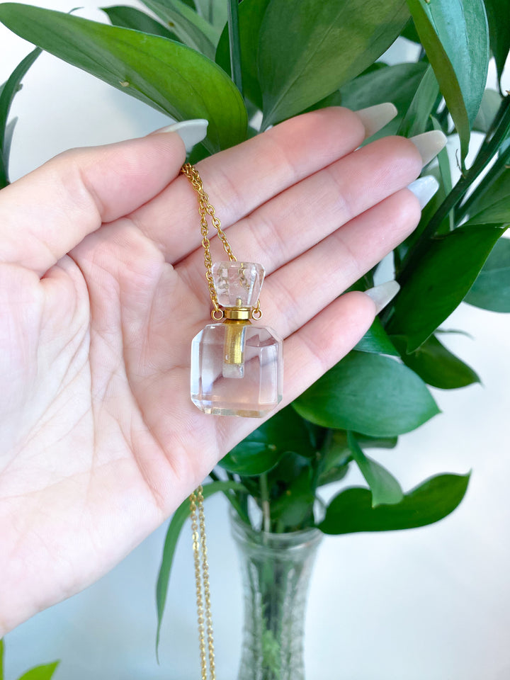 Clear Quartz Perfume Bottle Necklace - Essential Oil Holder