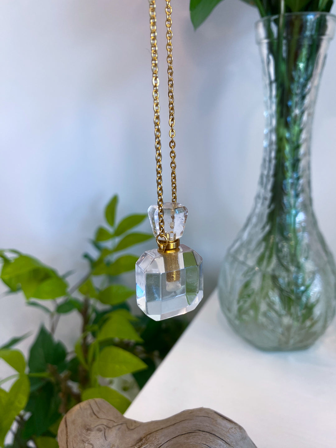 Clear Quartz Perfume Bottle Necklace - Essential Oil Holder