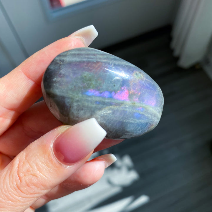 Flashy Pink Sunset Labradorite Palm Stone 