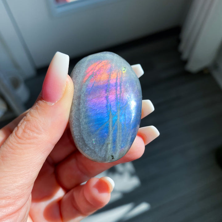 Flashy Pink Sunset Labradorite Palm Stone 