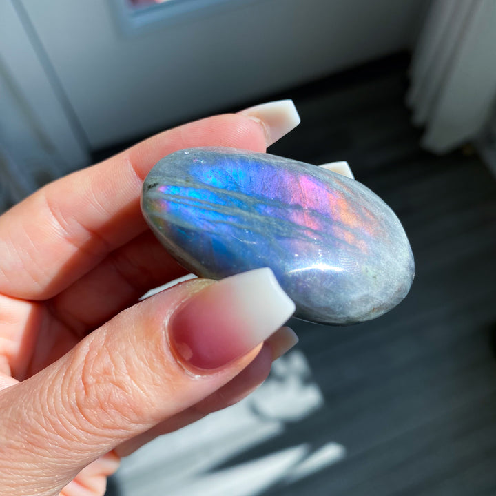 Flashy Pink Sunset Labradorite Palm Stone 