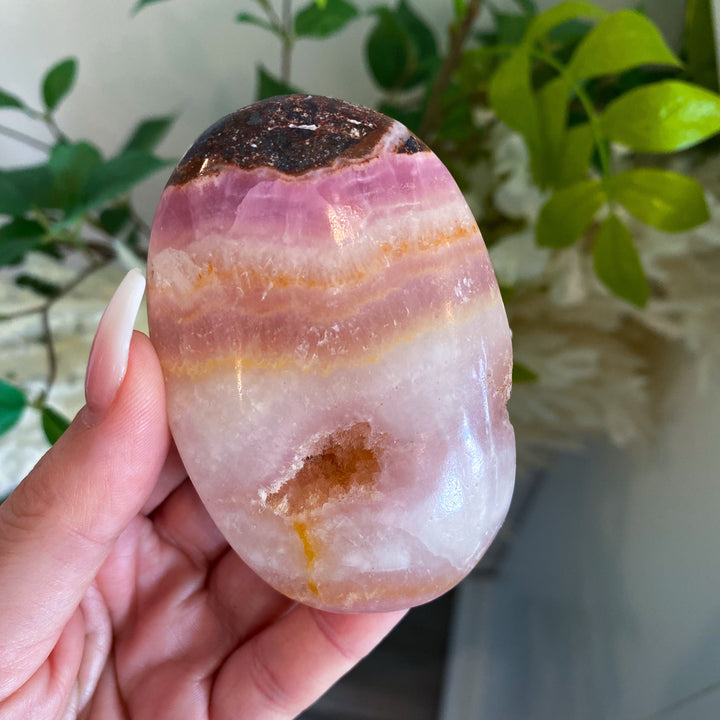 LARGE Pink Aragonite Palm Stone #1 - Chakra Alignment, Emotional Healing, Spiritual Connection, Grounding, Enhancing Intuition