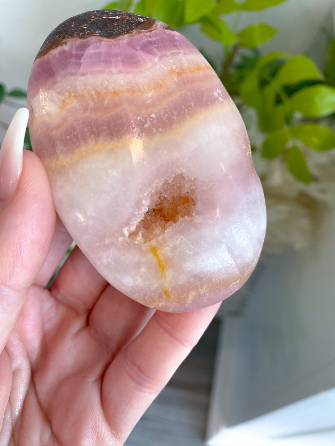 LARGE Pink Aragonite Palm Stone #1 - Chakra Alignment, Emotional Healing, Spiritual Connection, Grounding, Enhancing Intuition
