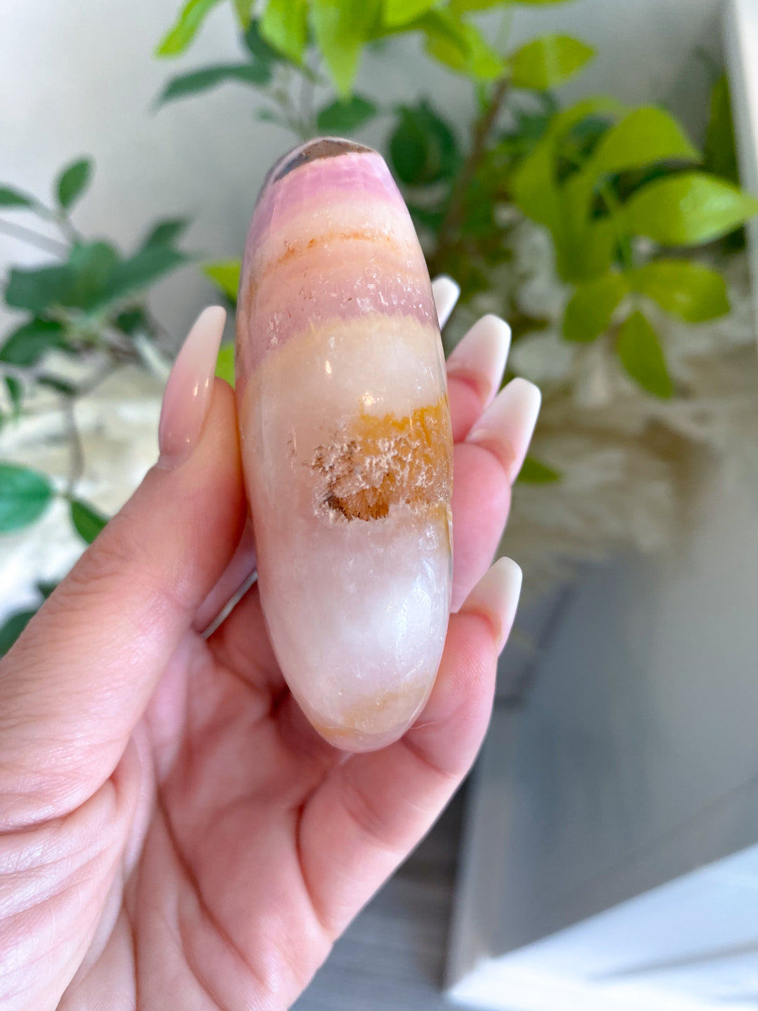 LARGE Pink Aragonite Palm Stone #1 - Chakra Alignment, Emotional Healing, Spiritual Connection, Grounding, Enhancing Intuition