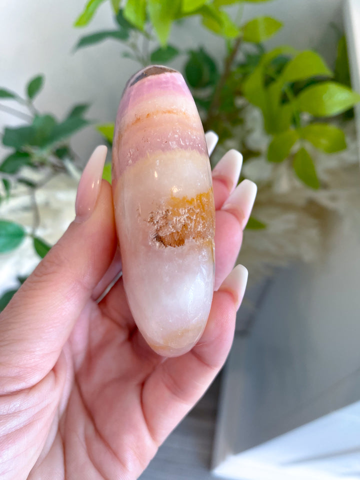 LARGE Pink Aragonite Palm Stone #1 - Chakra Alignment, Emotional Healing, Spiritual Connection, Grounding, Enhancing Intuition