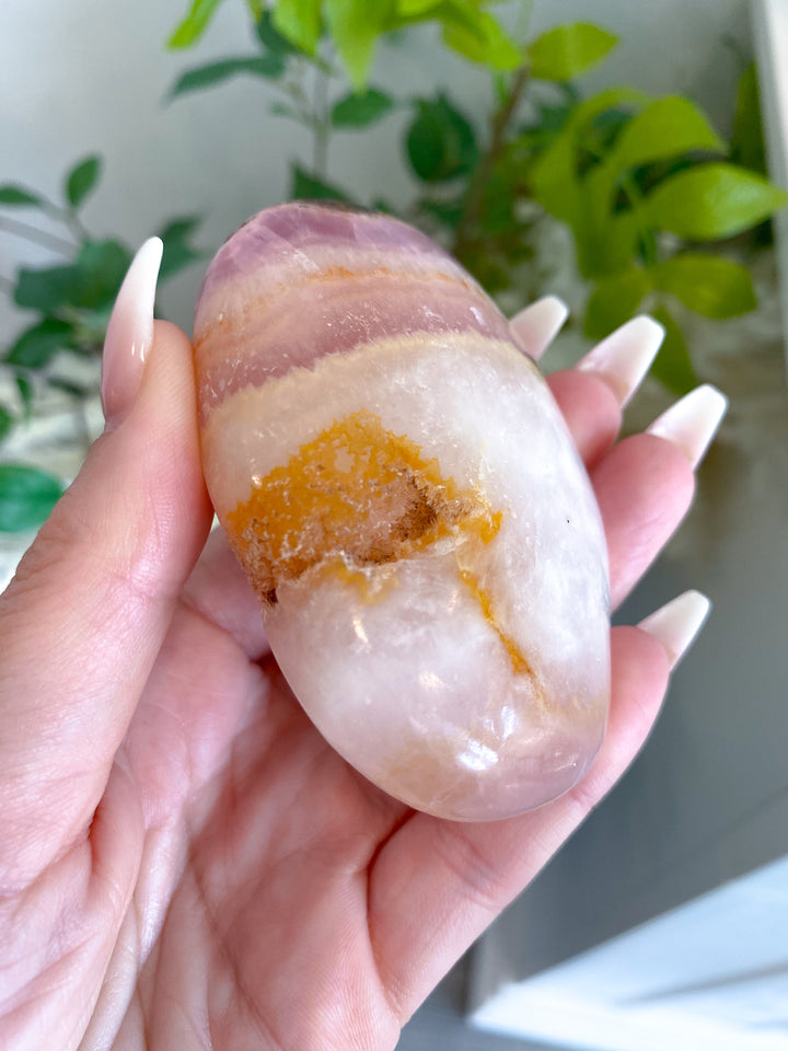 LARGE Pink Aragonite Palm Stone #1 - Chakra Alignment, Emotional Healing, Spiritual Connection, Grounding, Enhancing Intuition