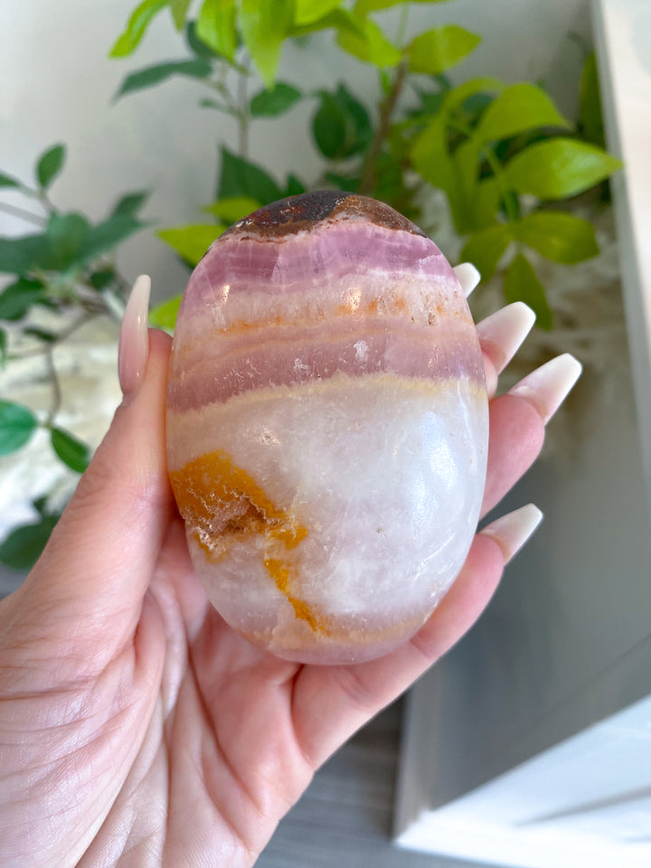 LARGE Pink Aragonite Palm Stone #1 - Chakra Alignment, Emotional Healing, Spiritual Connection, Grounding, Enhancing Intuition
