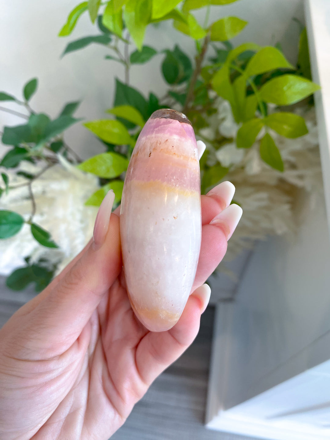 LARGE Pink Aragonite Palm Stone #1 - Chakra Alignment, Emotional Healing, Spiritual Connection, Grounding, Enhancing Intuition