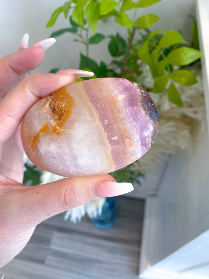 LARGE Pink Aragonite Palm Stone #1 - Chakra Alignment, Emotional Healing, Spiritual Connection, Grounding, Enhancing Intuition