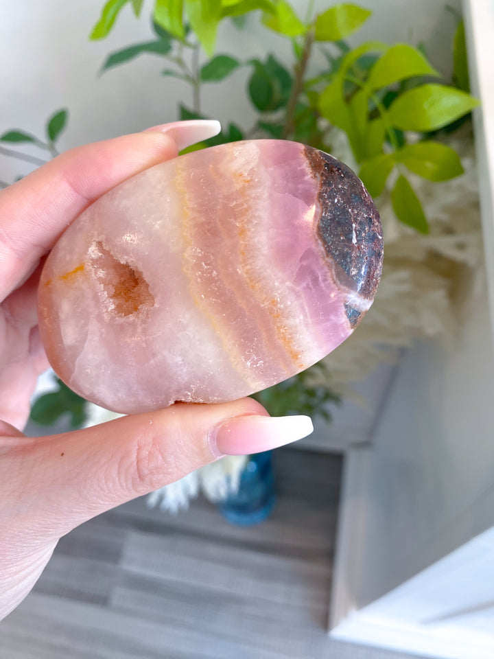 LARGE Pink Aragonite Palm Stone #1 - Chakra Alignment, Emotional Healing, Spiritual Connection, Grounding, Enhancing Intuition