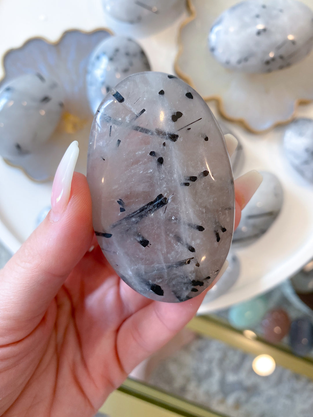 Black Tourmaline in Quartz Palm Stone