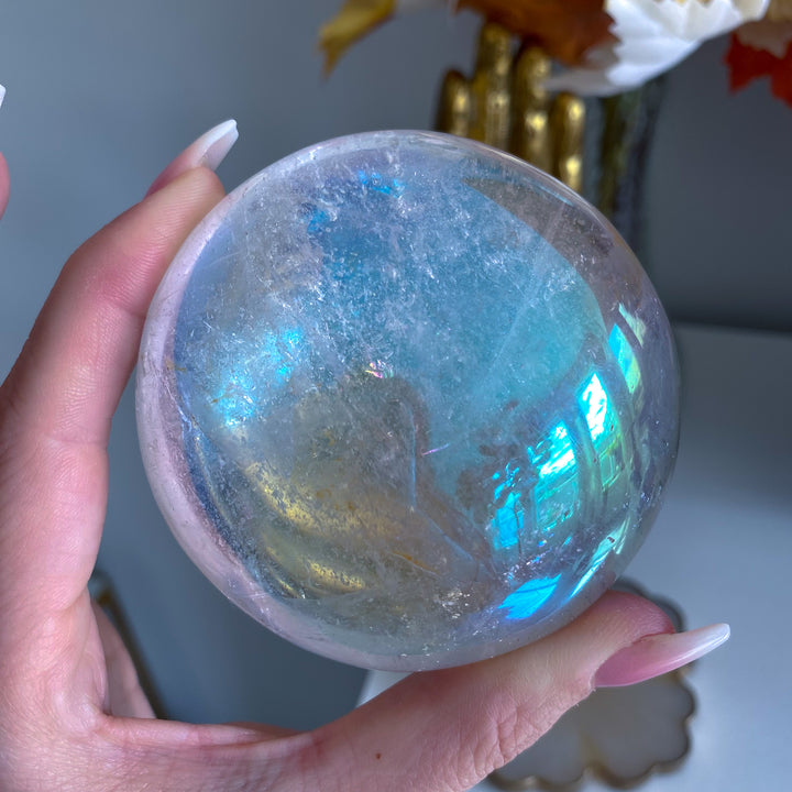 Jumbo Round Rainbow Angel Aura Clear Quartz Palm Stone 