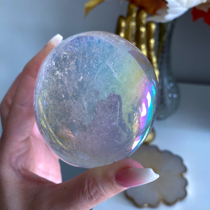 Jumbo Round Rainbow Angel Aura Clear Quartz Palm Stone 
