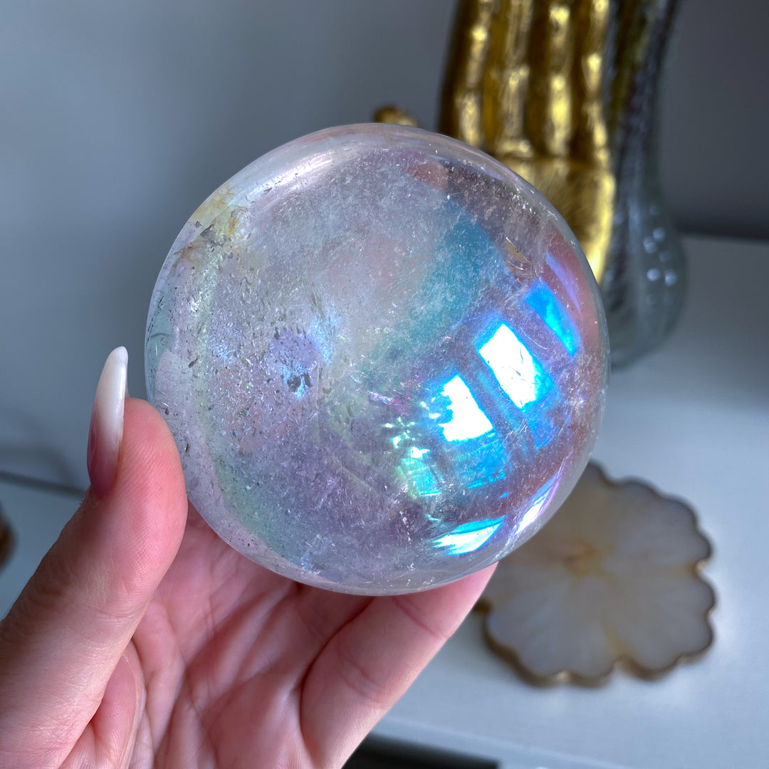 Jumbo Round Rainbow Angel Aura Clear Quartz Palm Stone 