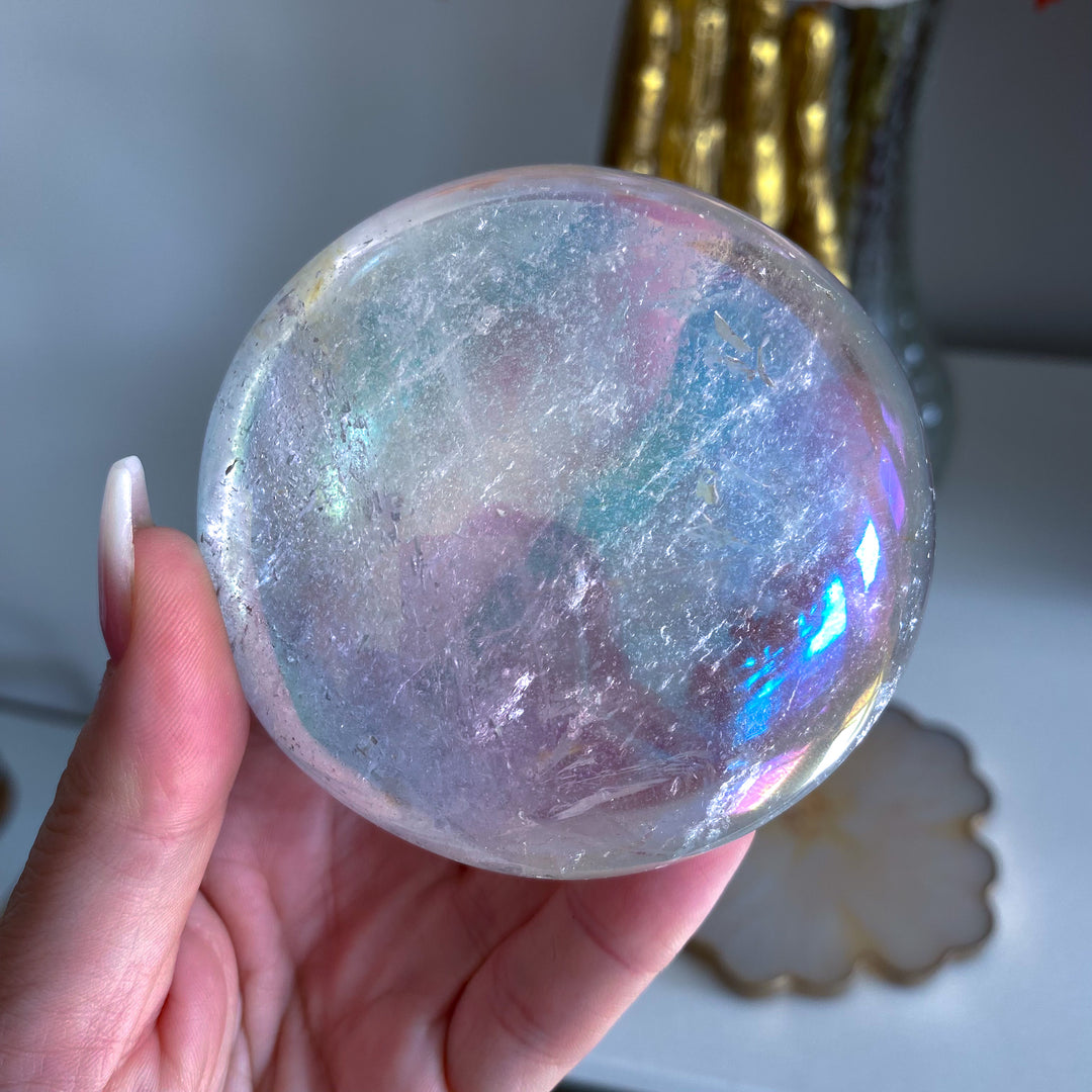Jumbo Round Rainbow Angel Aura Clear Quartz Palm Stone 