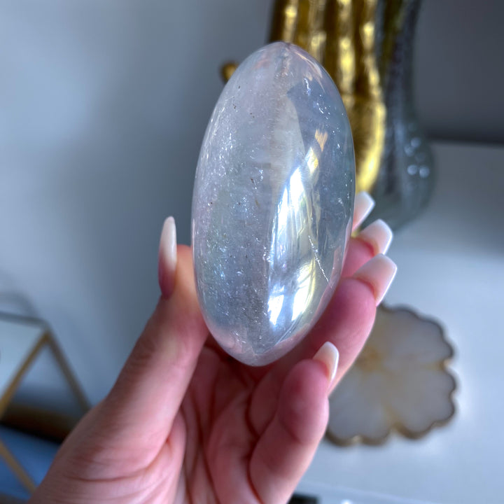 Jumbo Round Rainbow Angel Aura Clear Quartz Palm Stone 