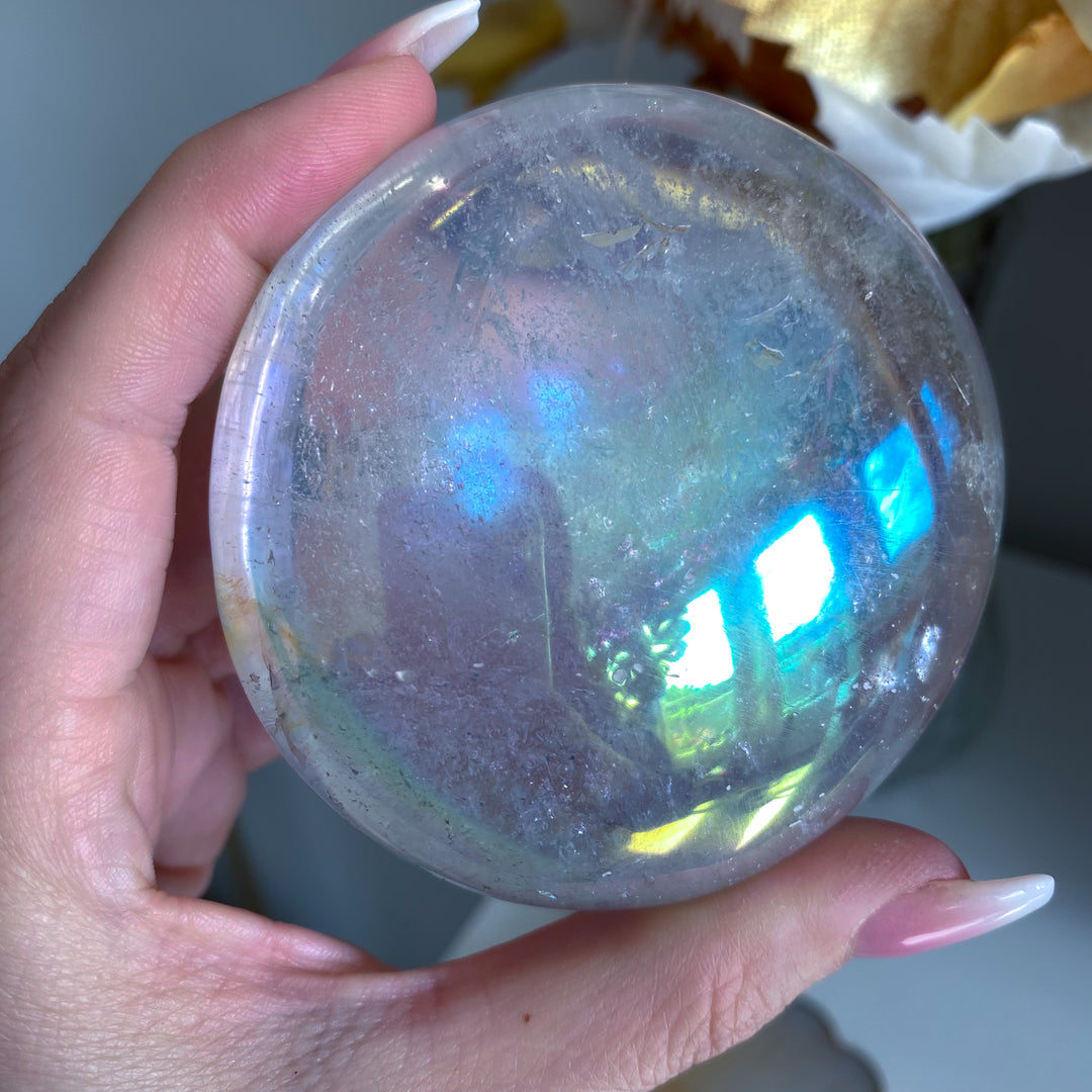 Jumbo Round Rainbow Angel Aura Clear Quartz Palm Stone 