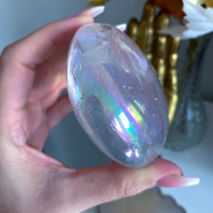 Jumbo Round Rainbow Angel Aura Clear Quartz Palm Stone 