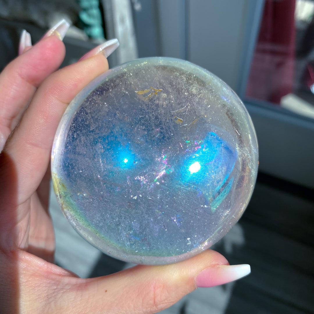 Jumbo Round Rainbow Angel Aura Clear Quartz Palm Stone 