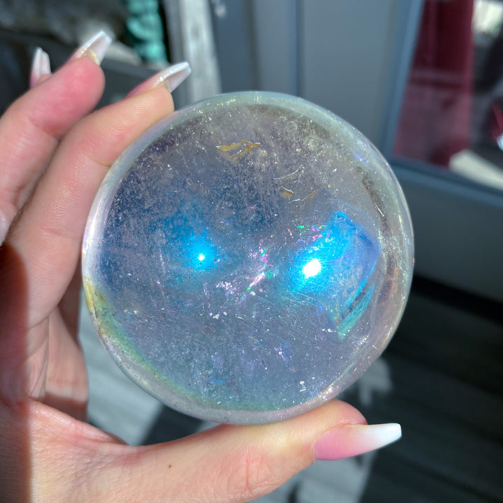 Jumbo Round Rainbow Angel Aura Clear Quartz Palm Stone 