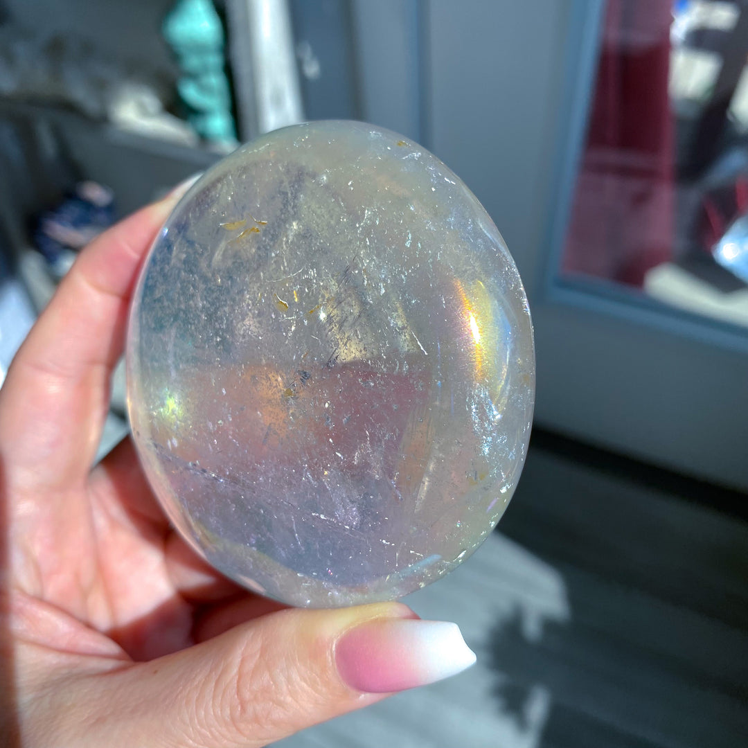 Jumbo Round Rainbow Angel Aura Clear Quartz Palm Stone 