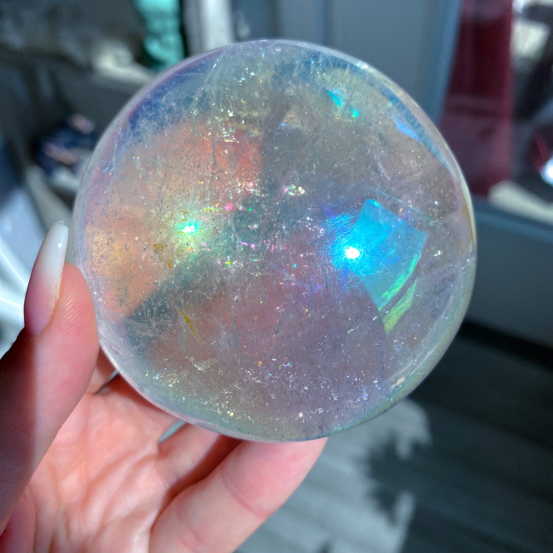 Jumbo Round Rainbow Angel Aura Clear Quartz Palm Stone 