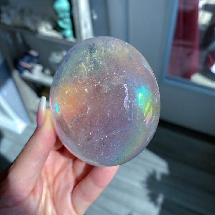 Jumbo Round Rainbow Angel Aura Clear Quartz Palm Stone 