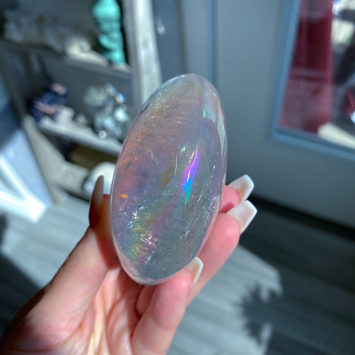 Jumbo Round Rainbow Angel Aura Clear Quartz Palm Stone 