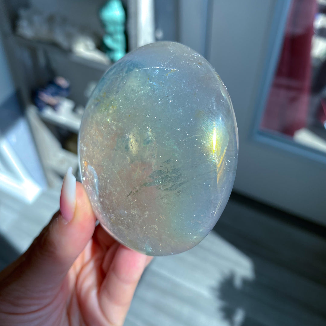 Jumbo Round Rainbow Angel Aura Clear Quartz Palm Stone 