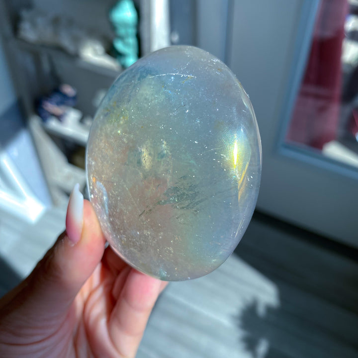 Jumbo Round Rainbow Angel Aura Clear Quartz Palm Stone 