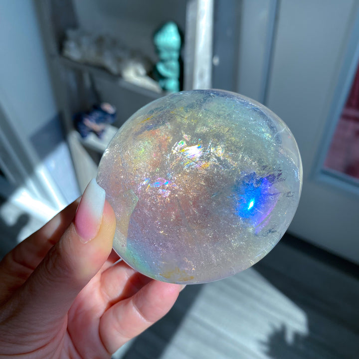 Jumbo Round Rainbow Angel Aura Clear Quartz Palm Stone 