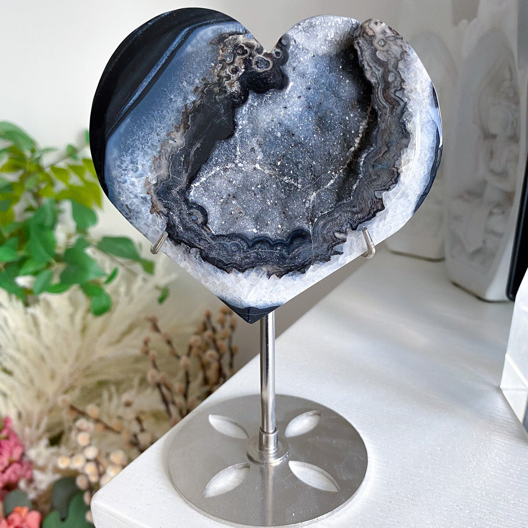 Large Druzy Black Agate Heart on Stand 