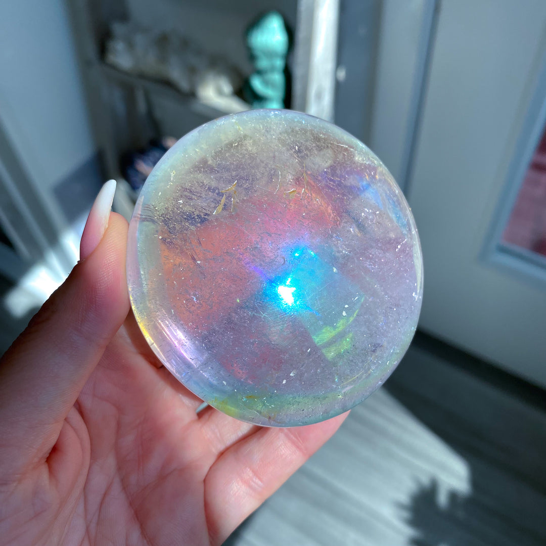 Jumbo Round Rainbow Angel Aura Clear Quartz Palm Stone 