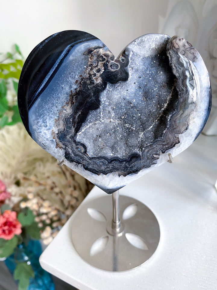 Large Druzy Black Agate Heart on Stand 