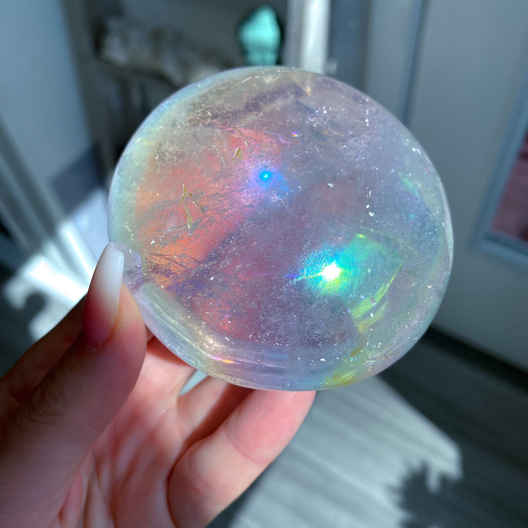 Jumbo Round Rainbow Angel Aura Clear Quartz Palm Stone 