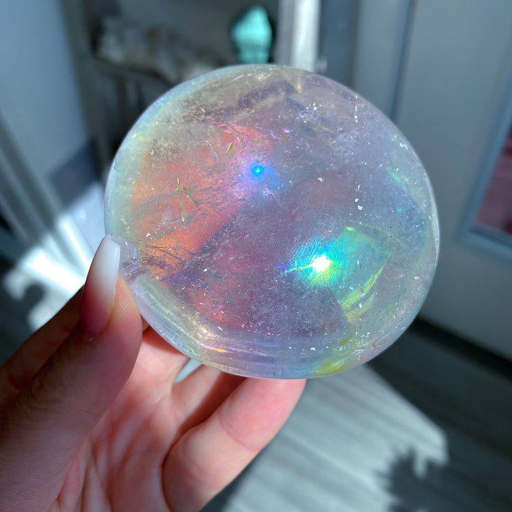 Jumbo Round Rainbow Angel Aura Clear Quartz Palm Stone 