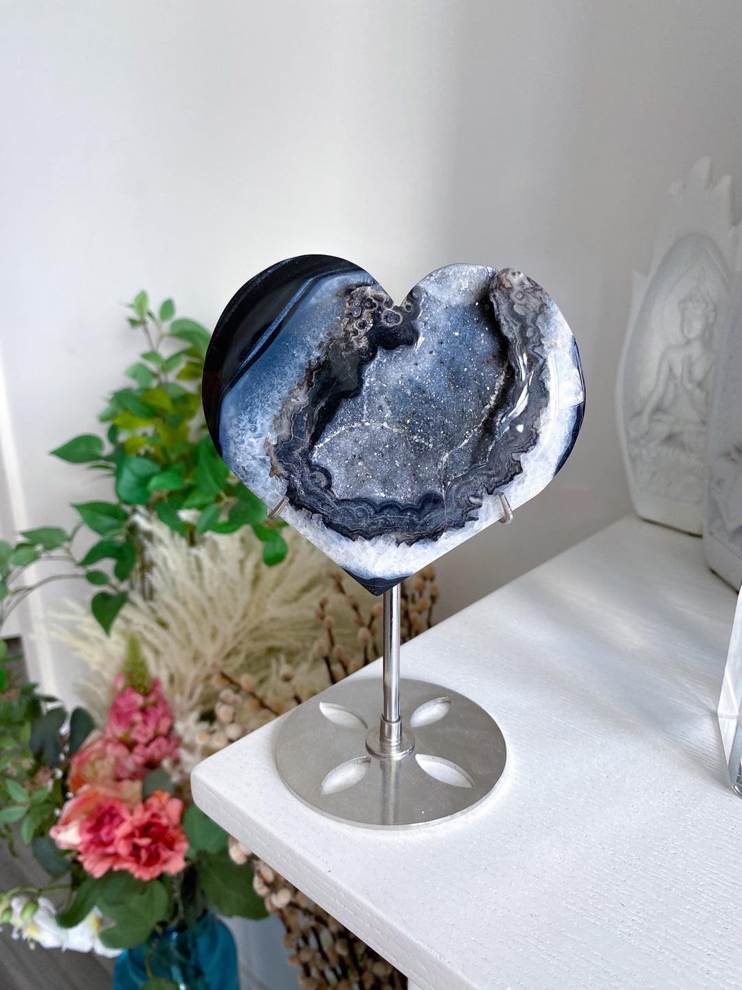 Large Druzy Black Agate Heart on Stand 