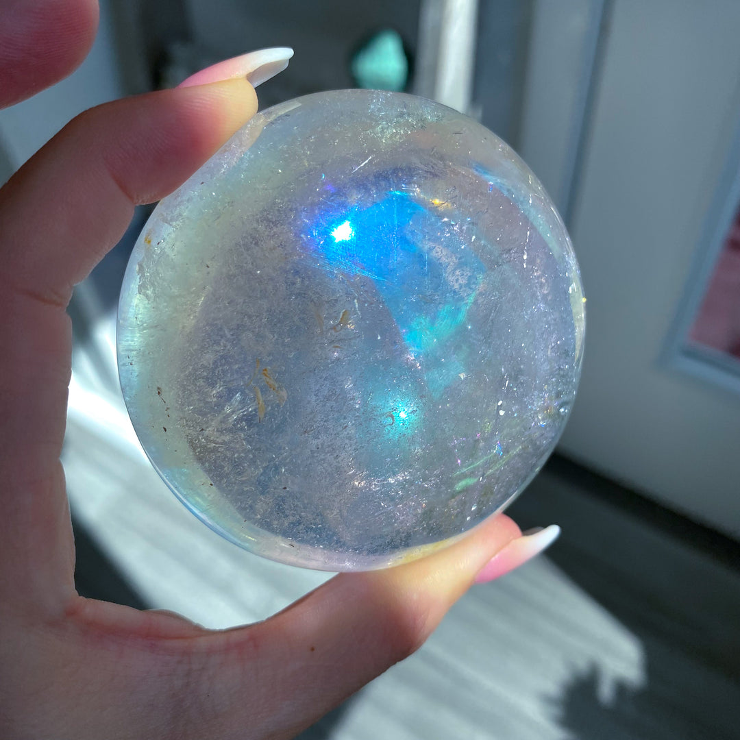 Jumbo Round Rainbow Angel Aura Clear Quartz Palm Stone 
