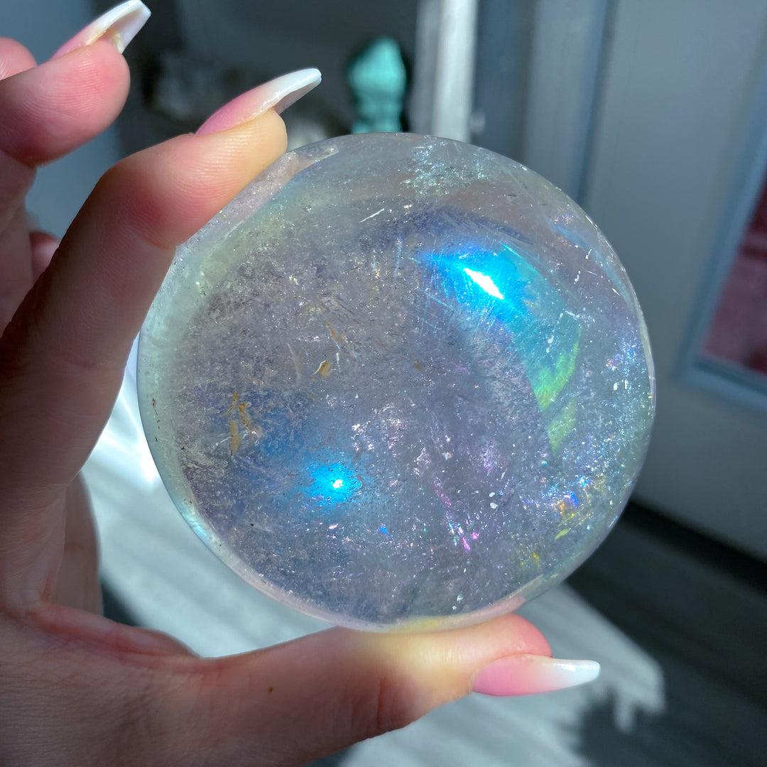 Jumbo Round Rainbow Angel Aura Clear Quartz Palm Stone 