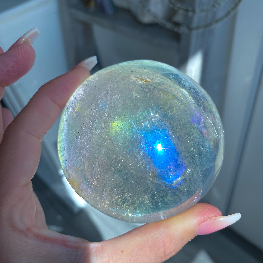 Jumbo Round Rainbow Angel Aura Clear Quartz Palm Stone 