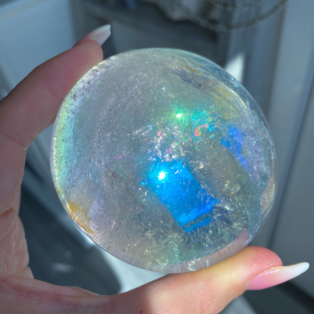 Jumbo Round Rainbow Angel Aura Clear Quartz Palm Stone 