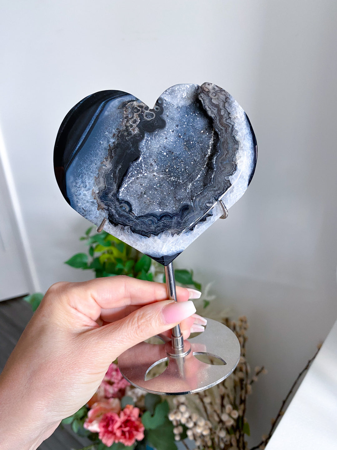 Large Druzy Black Agate Heart on Stand 
