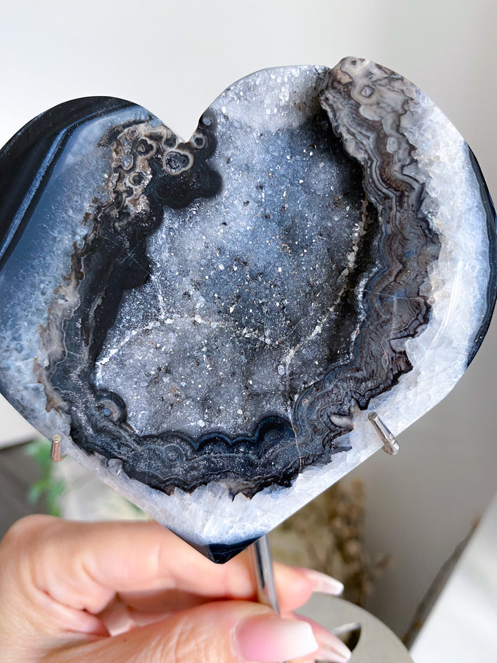 Large Druzy Black Agate Heart on Stand 