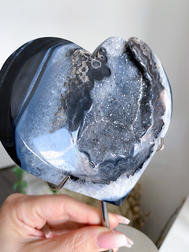 Large Druzy Black Agate Heart on Stand 