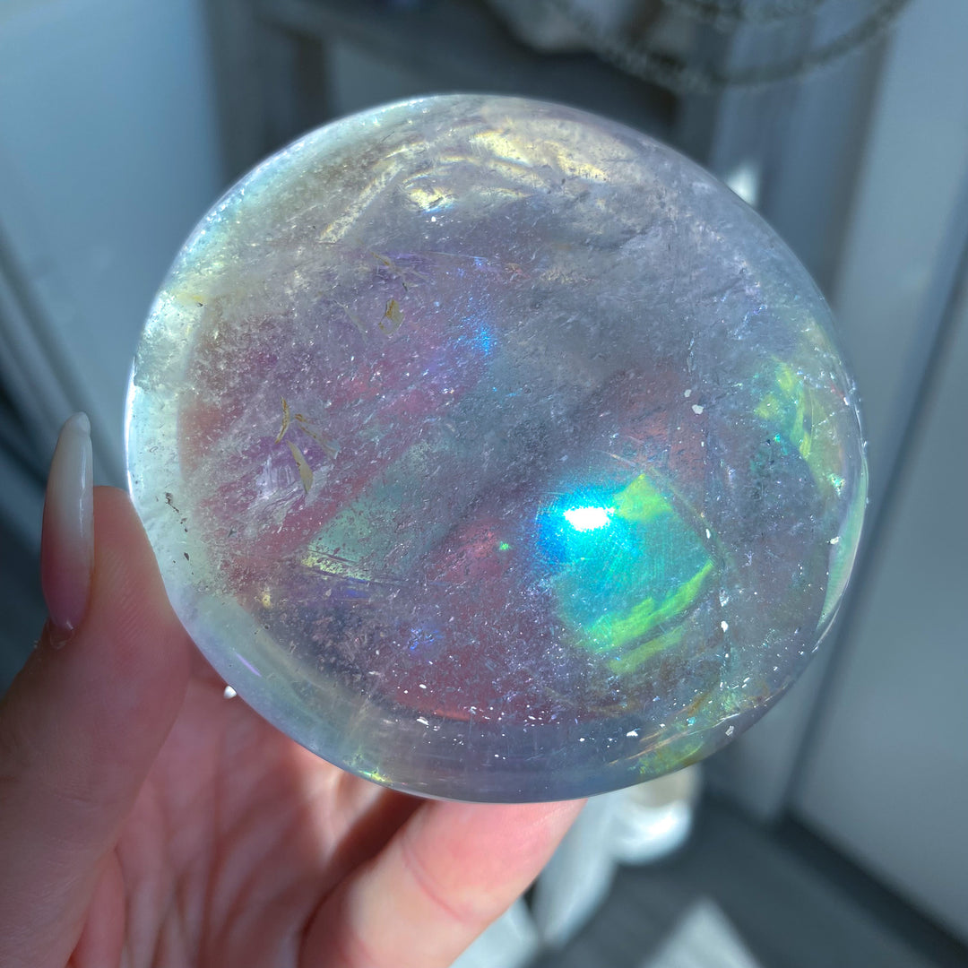 Jumbo Round Rainbow Angel Aura Clear Quartz Palm Stone 