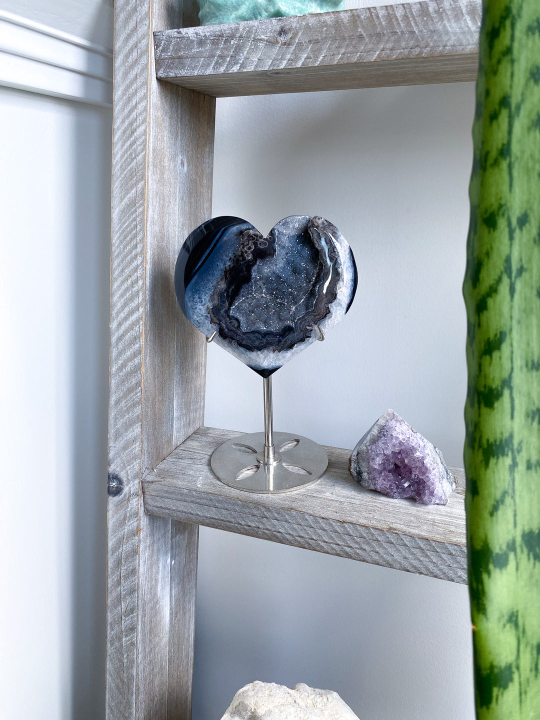 Large Druzy Black Agate Heart on Stand 