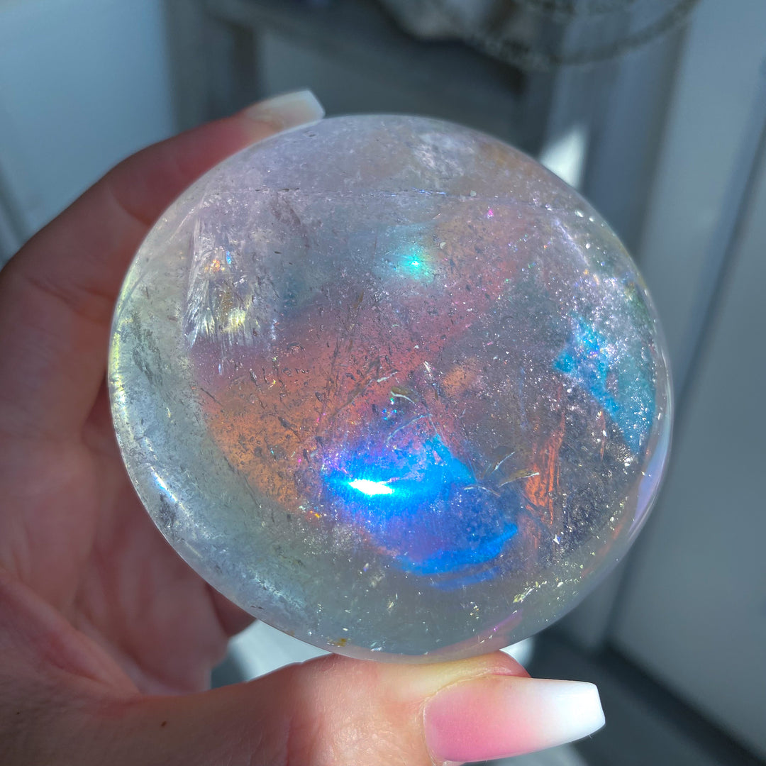 Jumbo Round Rainbow Angel Aura Clear Quartz Palm Stone 