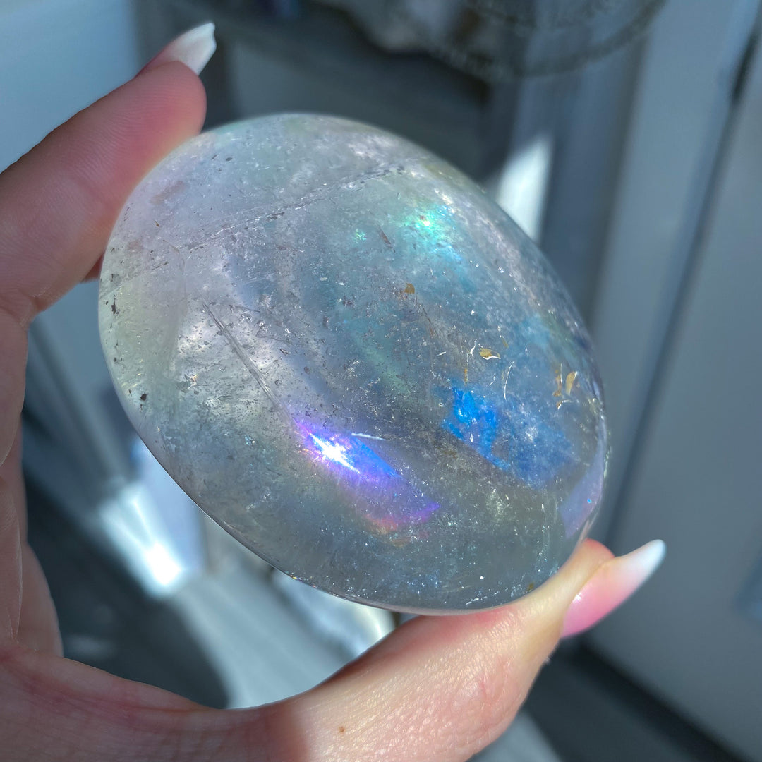 Jumbo Round Rainbow Angel Aura Clear Quartz Palm Stone 